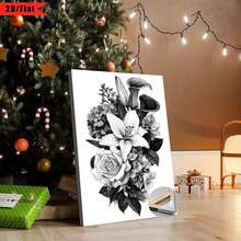[2D Plano] 1 Pieza de Pintura en Blanco y Negro, Incluyendo Lirio, Rosa, Hortensia, Flor de Verde Invierno| Impresión plana 2D, obra de arte en lienzo, marco de madera, instalación tipo gancho, perfecto para decoración del hogar, habitación, sala de estar, dormitorio, baño, adecuado para Acción de Gracias y otros festivales. - Multicolor - Ver 1