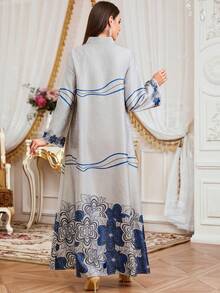 Women's Eid Al-Fitr New Jacquard Print Rhinestone Beaded V-Neck Long Sleeve Dress, Handmade, Suitable For Eid Al-Fitr, Eid Al-Adha, Parties, Casual Home Wear, Fashionable Abaya - Blue - View 3