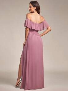 EVERPRETTY Đầm phù dâu màu hồng dáng chữ A, trễ vai, tay bồng, xẻ tà, thích hợp cho đám cưới mùa xuân. - Bụi hồng - Xem 3