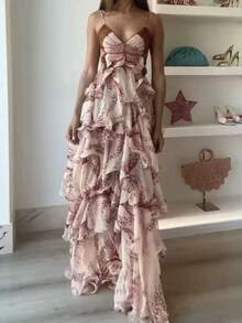 Ladies' Fashionable Long Dress With Multiple Layers Of Ruffled Edges, Butterfly Contrasting Color Straps, Off Shoulder Elegant Temperament Dress - 彩色 - 查看 10