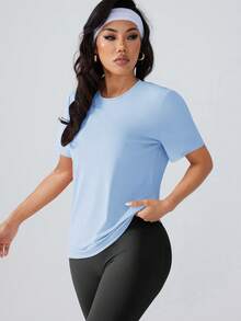 1pc Women's Round Neck Short Sleeve Top, Suitable For Fitness, Training And Casual Wear - Comfortable Fitness T-Shirt For All Seasons, Fitness, Running, Tennis, Outdoor, Hiking, Casual Undershirt - Baby Blue - View 5
