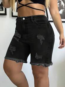 Pantalones cortos vaqueros de ciclista de talla grande con lavado con agua, diseño rasgado y desgastado con dobladillo deshilachado, ajuste elástico casual de alta calle - Negro - Ver 2