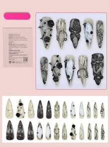 24 móng giả dài nhọn, kiểu móng tay Pháp Gothic màu đen, thiết kế hoa hồng đen 3D, phong cách Punk, bóng mượt, phủ kín toàn bộ móng, phù hợp cho phụ nữ và bé gái sử dụng hàng ngày. - Nhiều màu - Xem 2