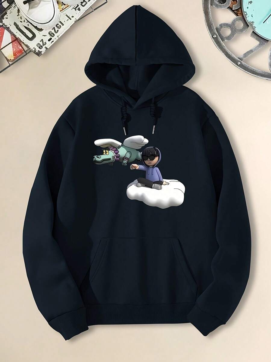 1pc Men'S Cartoon Print Hoodie - Casual Polyester Sports Sweatshirt With Hood, Slight Stretch Knit F - Black - View 1