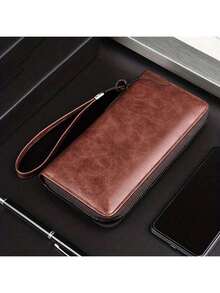 男士长款拉链钱包，PU皮革材质，RFID防盗刷商务手拿包，大容量多卡位，商务休闲风格，生日礼物，毕业礼物，父亲节礼物 - 棕色 - 查看 10