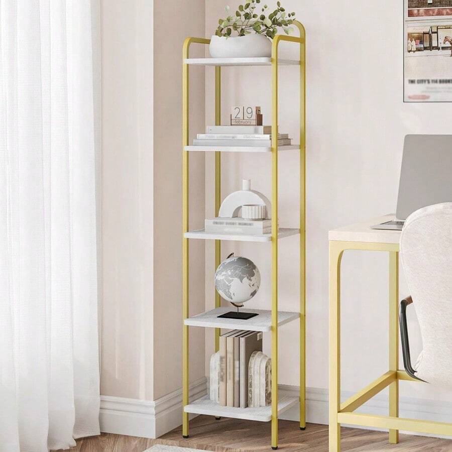 Hzuaneri Bookcase Bookshelf Narrow Book Shelf Industrial Corner Shelf Storage Organizer Slim Shelving Unit For Home Office Living Room Bedroom Kitchen 5-Tier White Gold BC24513G - WhiteGold - View 1