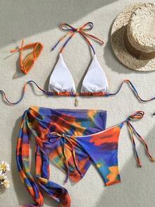女士夏季沙滩扎染露背性感比基尼套装，含罩衫和裙子 - 彩色 - 查看 6