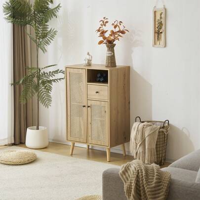 キャビネット サイドボード チェストラタン調 ラタン風 幅60cm 収納棚 リビング 収納 ローボード 収納チェスト2段 サイドボード 引き出し 扉付き