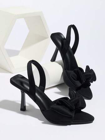 女士尖头缎面高跟凉鞋，蝴蝶结装饰，松紧踝带，适合派对、日常穿着、婚礼、聚会、休闲度假、优雅办公室、夏季时尚，黑色