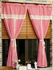 1件农舍风格亚麻系带格子厨房窗帘，波西米亚钩编蕾丝格子窗帘，适用于厨房、餐厅、客厅 - 紅色 - 查看 8