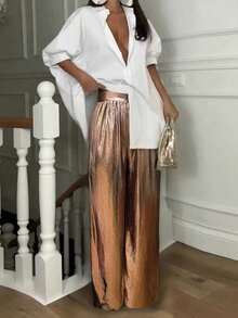 Elegant High Waist Pleated Wide Leg Sequin Solid Color Pants, Suitable For Thanksgiving, Commuting, Party, Christmas, New Year Summer - Bronze - View 2