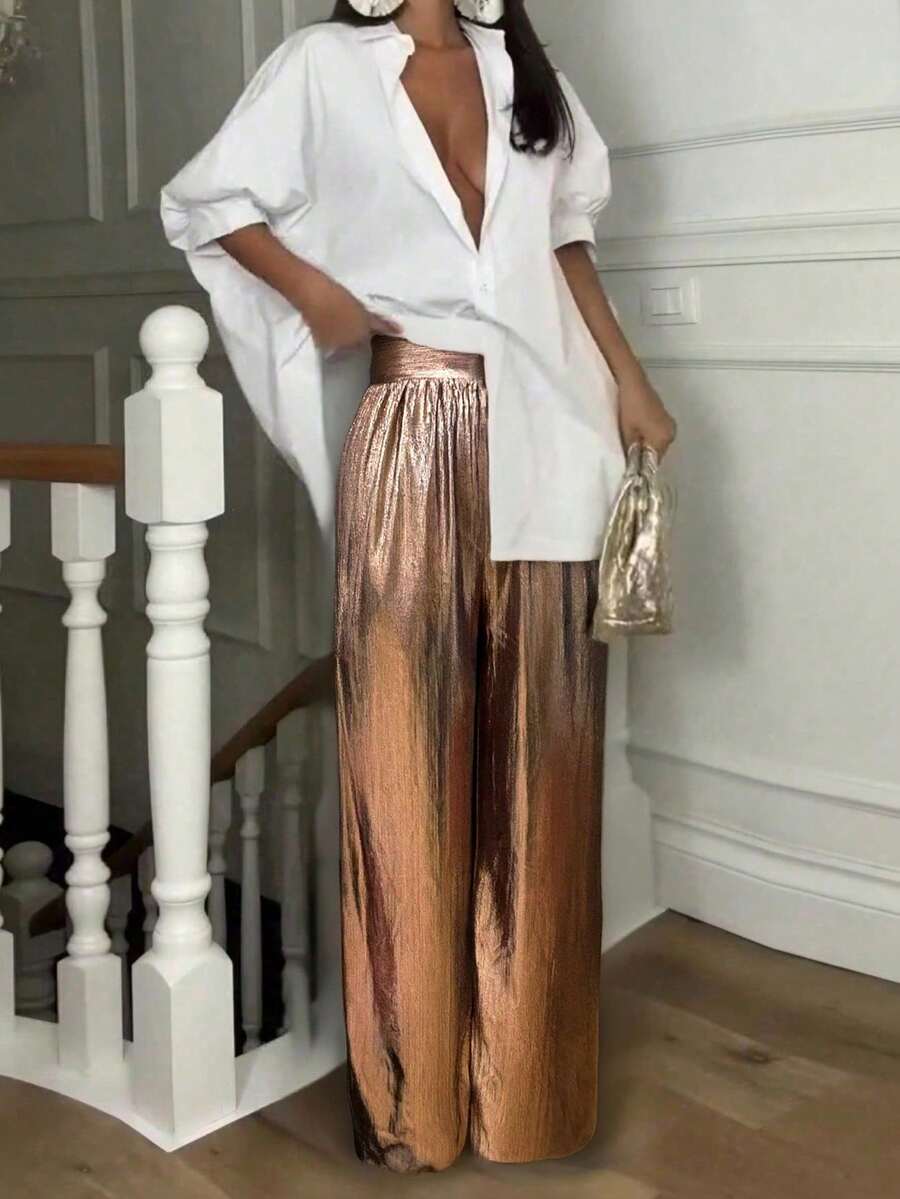 Elegant High Waist Pleated Wide Leg Sequin Solid Color Pants, Suitable For Thanksgiving, Commuting, Party, Christmas, New Year Summer