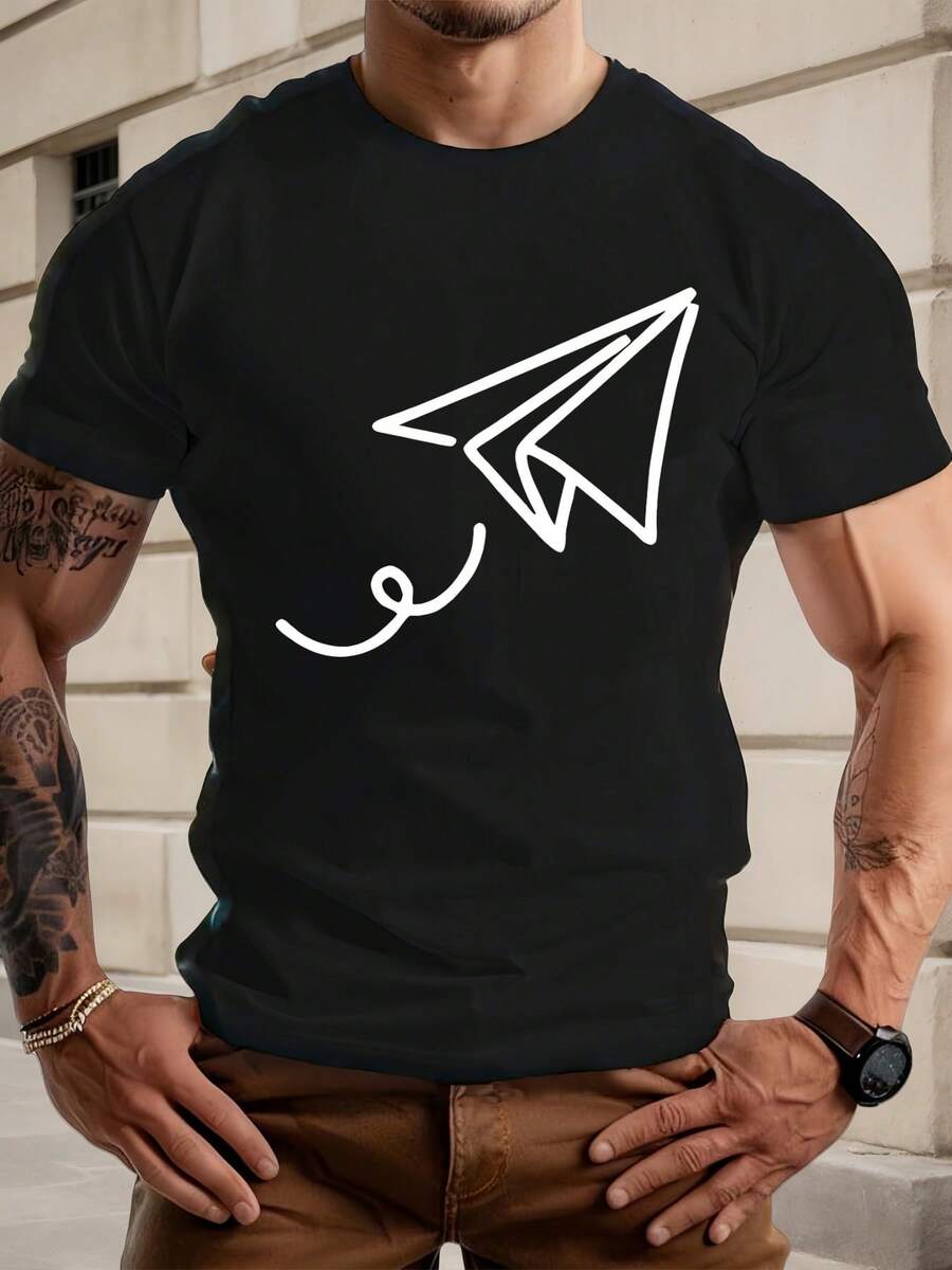 Camiseta Casual de Verano para Hombre con Gráfico de Avión de Papel - Azul Rey. Cuello redondo. Manga corta. Mezcla de algodón. Ligero; Transpirable para Ropa Casual - Negro - Ver 1