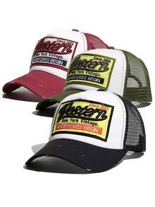 1入組中性棒球帽，帶刺繡字母貼片和網狀設計，弧形帽簷，適合休閒裝、街頭裝、卡車司機、騎自行車、釣魚、登山和防曬等戶外活動