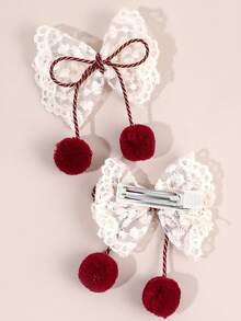 2 pièces Clips à nœud papillon en dentelle avec pompons bordeaux pour filles et adolescentes. Barrettes élégantes, cadeaux pour femmes, accessoires de cheveux mignons et doux pour femmes, pinces à cheveux - Multicolore - Voir 4