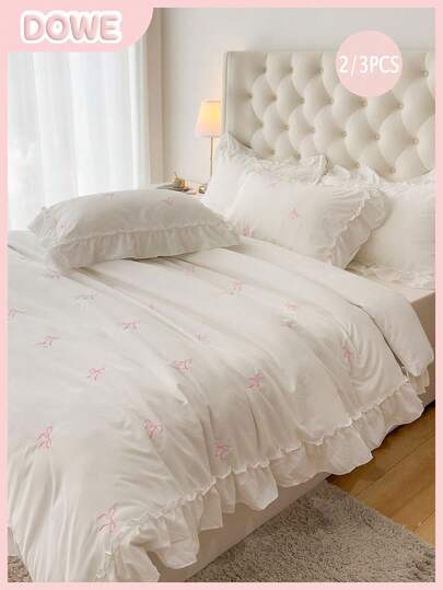 2/3件套100%涤纶蝴蝶刺绣荷叶边被套组（不含被芯），（1个被套和1/2个枕套），现代涤纶床上用品套装，四季皆宜