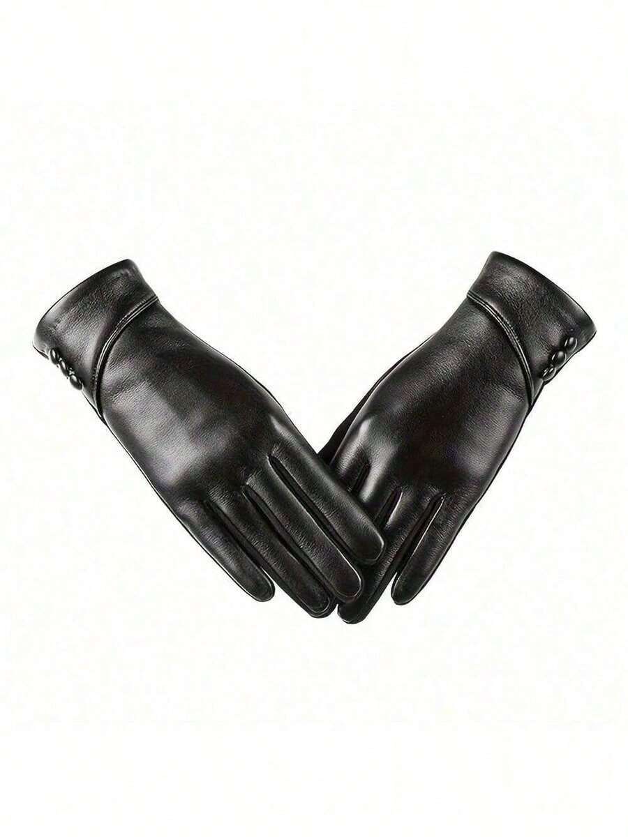 2-Pack Women'S Genuine Leather Gloves, Elegant Solid Color, Full Finger With Elasticity, Stripe Craftsmanship, Touchscreen Compatible, Warm Fleece Lined, Windproof For Weekend Casual Use - Black - View 1
