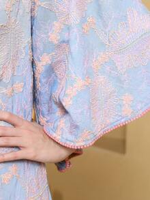 2026 New Style Ramadan Traditional Elegant Embroidered Arabic Women's Dress, JALABIA With Tassel Belt, Flared Sleeve, V-Neck - Baby Blue - View 4