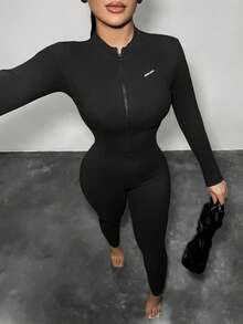 FlowZen Women's New Spring/Summer Black Half-Zip Long Sleeve Jumpsuit, Sexy Slim-Fit Bodysuit, High Elasticity Skin-Friendly Design, Suitable For Commuting, Street, Date, Music Festival, Party, Vacation, Y2K Sexy Girl Essential - Black - View 3