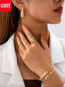 GNIT 镀金夸张首饰套装：水滴耳环、叠戴戒指、开口手镯，优雅时尚，适合日常佩戴、派对首饰、情人节礼物、母亲节礼物、DIY配件、节日礼物、毕业首饰、女士晚礼服配饰 - 水滴 - 查看 2