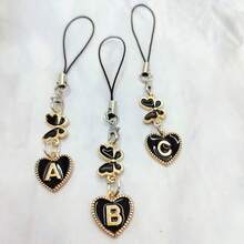 二合一黑色心形字母 A-Z + 蝴蝶手机挂绳，合金材质，26 个心形英文字母吊坠，多功能手机挂饰、钥匙扣和配件 - 黑色 - 查看 4