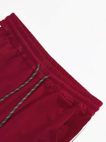 Kolrap Men's Summer Lightweight Short Sleeve & Shorts Set, Solid Color 3-Stripe Basic Casual Short Sleeve + Drawstring Waist Shorts 2-Piece Outfit - Burgundy - View 9