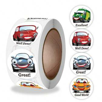 500张/卷 卡通汽车造型贴纸，尺寸：2.5厘米/1.0英寸，圆形，是送给孩子的理想礼物，可用于书籍装饰、封口标签、礼品包装和其他产品装饰。