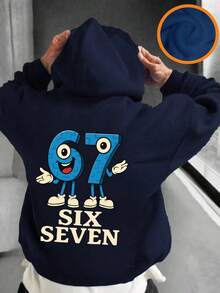 青少年男孩“意大利脑腐烂趣味数字67”图案套头卫衣，保暖舒适，内衬保暖层，适合秋冬季节穿着，适合活泼男孩日常穿着、街头服饰和校园装扮。 - 藏蓝色 - 查看 3