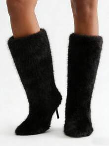 Women'S Faux Fur Knee High Boots Pointed Toe Thin Heel Parties Dress Warm Winter Boots For Christmas - màu đen - Xem 7