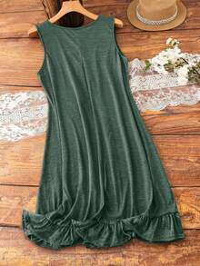 Women's Knit Knee-Length Spaghetti Strap Dress, Ruffled Hem, Slightly Stretchy, Dark Green - Dark Green - View 4