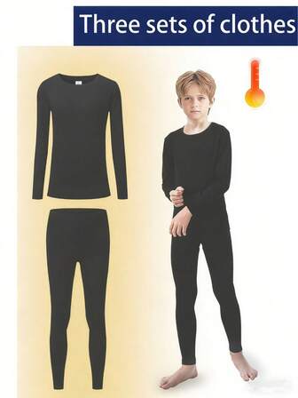 1 Set Kids Black Crew Neck Thermal Underwear, New Autumn/Winter Ski Sports Style