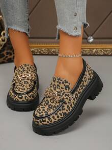 Women's Leopard Print Wedge Heel Casual Slip-On Loafers, Elegant Preppy Style, Pure Metal Fashion Versatile