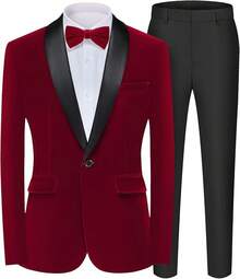 2026 Men's Casual Blazer & Pant Set  Men's 2 Piece Velvet Suit Peak Lapel One Button Slim Fit Tuxedo Blazer Party Dinner Jacket & Pants Relaxed Stretch Fit For Smart Casual Events - 紅色披肩翻領 - 查看 1