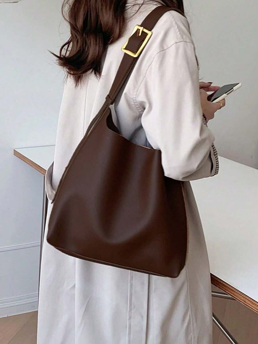 1pc Brown PU Leather Shoulder Bag, Fashionable & Minimalist Design, Suitable For Women's Everyday Use - Brown - View 1