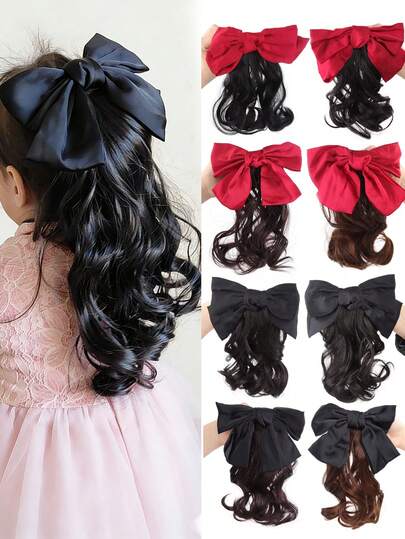 1件装合成假发，纯色缎带长款大蝴蝶结发夹，红色弹簧夹，适合女孩日常佩戴和度假佩戴的发饰