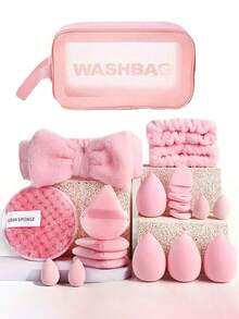 21pcs Facial Care Set Includes Waterproof Toiletry Bag + 8 Makeup Sponges (8 Teardrop/Round/Cone) | Waterproof Wrist Bands 1 Pair + Bow Headband | Tiered Storage Design | Hair Wrap & Facial Cleansing Tool Set