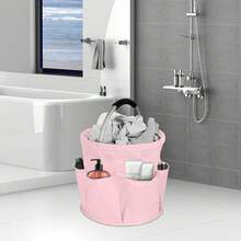 1 pieza Cubo de almacenamiento de herramientas de jardinería con bolsillos, bolsa de almacenamiento con forma de cubo de tela Oxford 600D, 6 compartimentos, gran capacidad, plegable en el medio para ahorrar espacio, asa redonda portátil, accesorios esenciales para jardinería en el hogar, almacenamiento de refrigerios para camping al aire libre, cubo de almacenamiento de herramientas para la playa, cubo de basura - Rosa - Ver 2