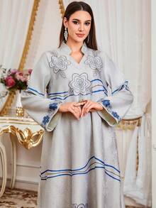 Women's Eid Al-Fitr New Jacquard Print Rhinestone Beaded V-Neck Long Sleeve Dress, Handmade, Suitable For Eid Al-Fitr, Eid Al-Adha, Parties, Casual Home Wear, Fashionable Abaya - Blue - View 4