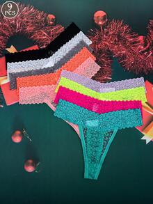 9pcs/Set Mature Charm - Lace Leopard Print Elastic Low Waist Panties - Multicolor - View 1