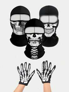 1pc Or 2pcs Unisex Balaclava Face Mask, Ski Mask, Motorcycle Neck Warmer, Climbing Headwear, Halloween Skeleton Full Finger Gloves, Suitable For Outdoor Travel And Halloween Costume - Multicolor - View 1