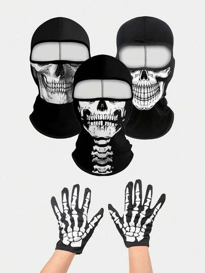 1pc Or 2pcs Unisex Balaclava Face Mask, Ski Mask, Motorcycle Neck Warmer, Climbing Headwear, Halloween Skeleton Full Finger Gloves, Suitable For Outdoor Travel And Halloween Costume