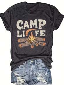 Women's Camp Themed T-Shirt - CAMP LIFE Lettering & Campfire Print With Logs & Marshmallow Design - Casual Round Neck Short Sleeve Outdoor Tee For, Camping, Summer Activities - Machine Washable Black Shirt - Màu xám đen - Xem 1