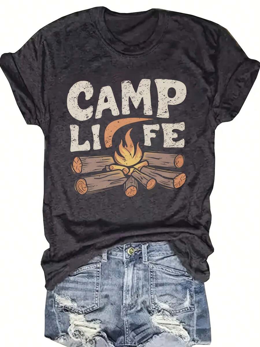 Women's Camp Themed T-Shirt - CAMP LIFE Lettering & Campfire Print With Logs & Marshmallow Design - Casual Round Neck Short Sleeve Outdoor Tee For, Camping, Summer Activities - Machine Washable Black Shirt - Màu xám đen - Xem 1