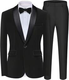 2026 Men's Casual Blazer & Pant Set  Men's 2 Piece Velvet Suit Peak Lapel One Button Slim Fit Tuxedo Blazer Party Dinner Jacket & Pants Relaxed Stretch Fit For Smart Casual Events - 黑色披肩領 - 查看 1