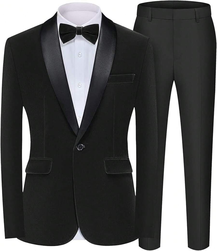 2026 Men's Casual Blazer & Pant Set  Men's 2 Piece Velvet Suit Peak Lapel One Button Slim Fit Tuxedo Blazer Party Dinner Jacket & Pants Relaxed Stretch Fit For Smart Casual Events - 黑色披肩領 - 查看 1