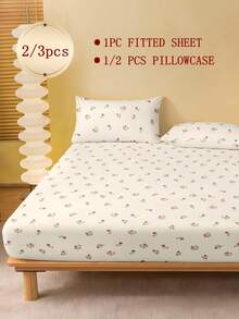 2/3件套粉色郁金香绿叶图案床笠套装（1件床笠+1/2个枕套），乡村风格床垫保护套，床垫罩，床单套装，柔软透气，适用于各种尺寸的床——单人床、双人床、特大号床、大号床，床笠深度可达11.8英寸，家用纺织品 - 米色 - 查看 2