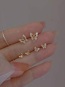 3 Pairs Of Small, Exquisite, Elegant And Flexible Butterfly Earrings, Suitable For Women's Daily And Party Wear, Perfect Holiday Gift, Fashionable Earring Set - Multicolor - View 6
