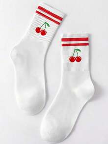 1 Pair Color Ladies' Style Red Cherry Green Leaf Pattern / Cherry Leopard Pattern Bow And Other Pattern Ladies' Socks, White Double-Striped Socks, Loose Fit, Suitable For Both Men And Women, Invisible Socks, Sweat-Absorbing, Breathable And Quick-Drying, Sporty And Casual Style, Suitable For Daily Wear / As A Party Gift / Easter / Holiday Gift / Summer Style. - Multicolor - View 2