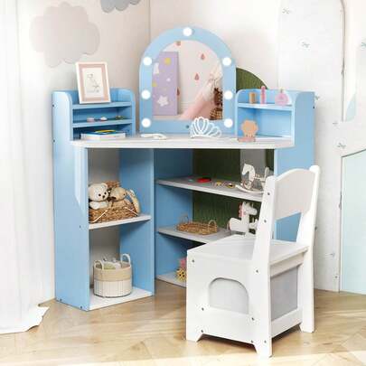 Lifezeal Corner Kids Vanity With Lights, 3 Storage Shelves, 5 Open Compartments, Accessories Pink/Blue + White