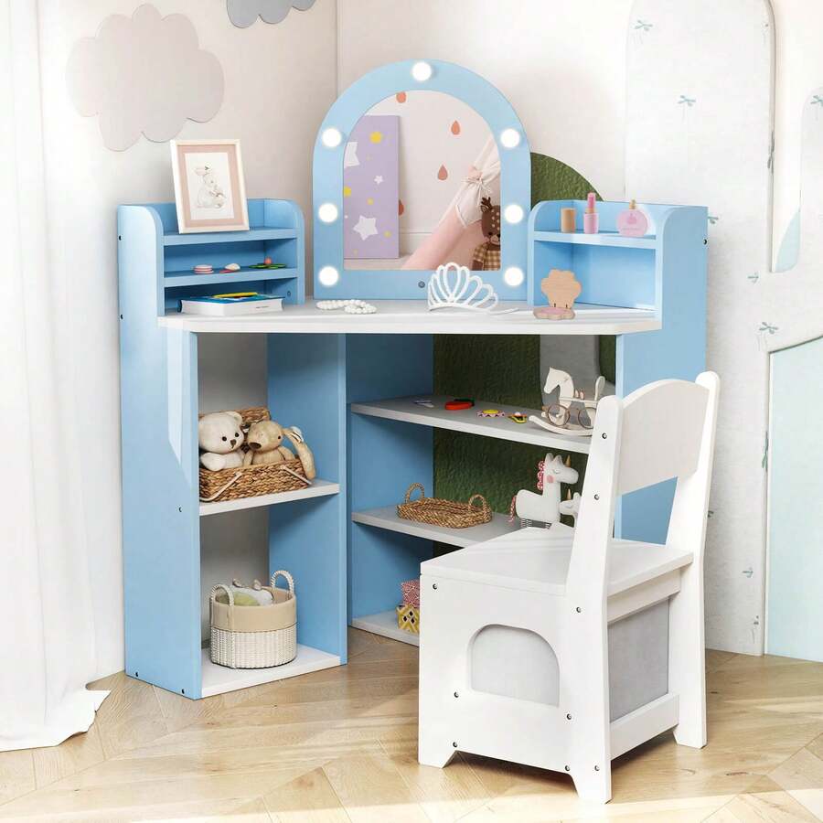 Lifezeal Corner Kids Vanity With Lights, 3 Storage Shelves, 5 Open Compartments, Accessories Pink/Blue + White - 藍色 - 查看 1